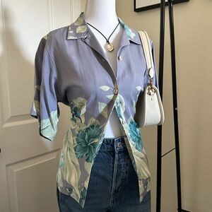 Vintage Tommy Bahama Silk Floral Shirt in Blue Purple and Green
